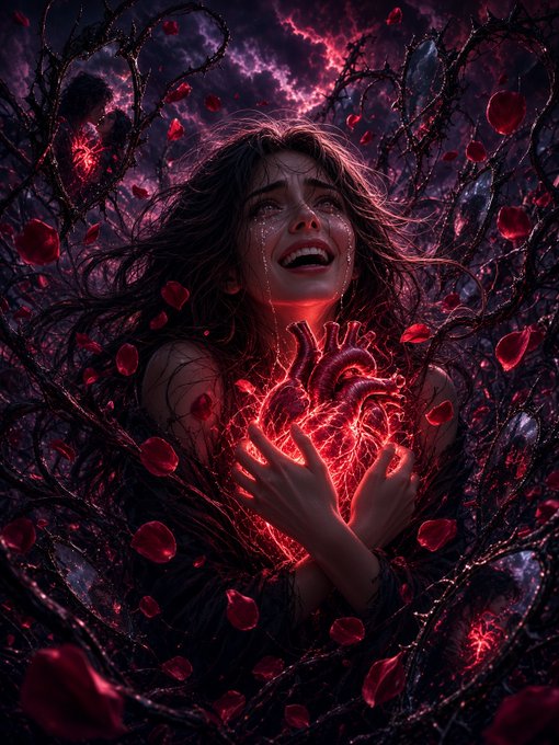 A dramatic digital artwork of a crying woman holding a glowing anatomical heart, surrounded by thorny vines and falling red rose petals.