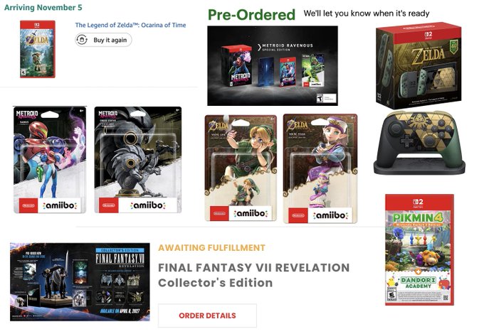 A Nintendo Switch pre-order page showing the Legend of Zelda: Ocarina of Time game (Arriving November 5), Final Fantasy VII Revelation Collector's Edition, Pikmin 4, and various amiibo figures including Metroid and Zelda figures.