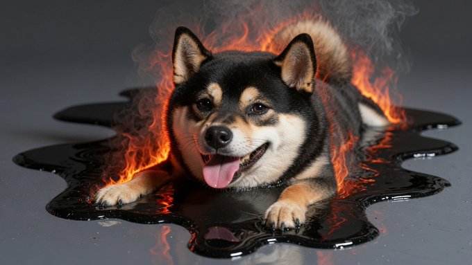 A happy Shiba Inu dog lies surrounded by flames and a puddle of black liquid (possibly oil). 

The fiery imagery and oil-like substance evoke themes of volatility, heat, and explosive energy, mirroring the rapid price escalation of the $MANYU token from 0.00001 to 0.000081 to $0.0001 — suggesting a "hot" or surging rally.