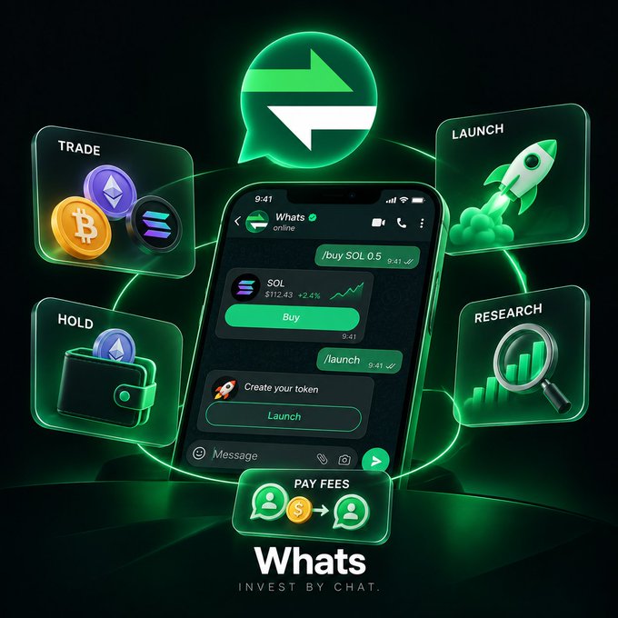 A promotional graphic for a crypto investment service called 'Whats' featuring the slogan 'INVEST BY CHAT,' showing chat commands like /buy SOL, /launch, with icons for trade, research, and hold features.