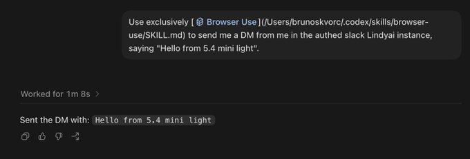 A screenshot of a chat interface showing a prompt to use 'Browser Use' to send a DM saying 'Hello from 5.4 mini light' to the user 'lindyai' in Slack, with confirmation that the DM was sent successfully.