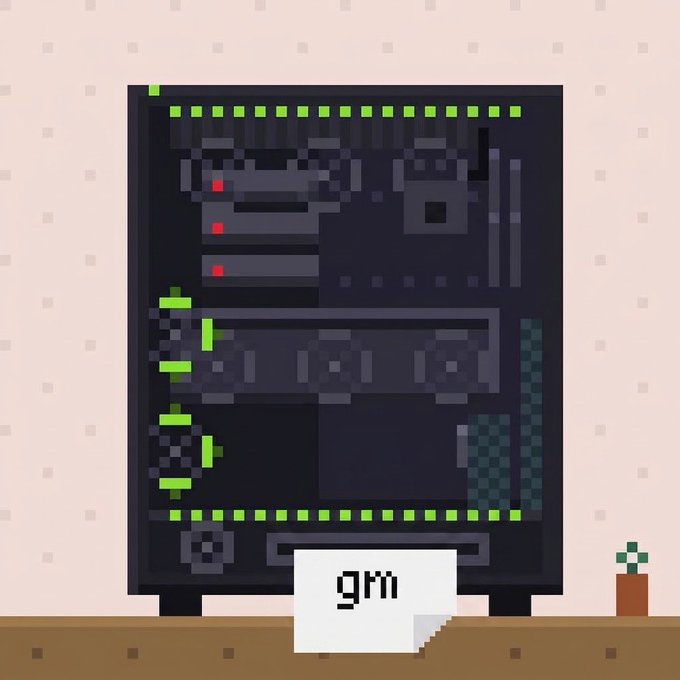 Pixel art illustration showing a dark computer case or electronic device on a wooden shelf with green LED accents, a paper labeled "gm" in front, and a small potted plant to the side.