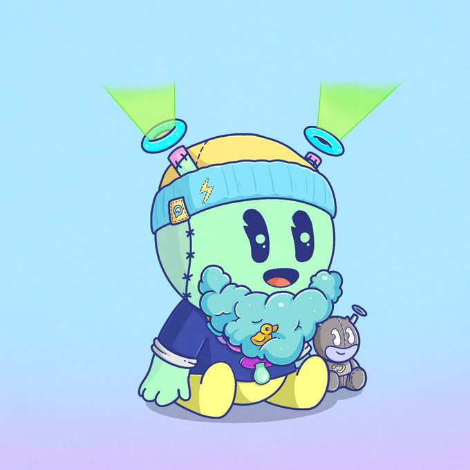 A cartoon illustration of a green alien-like character wearing a beanie with UFO attachments, surrounded by floating UFOs projecting green beams, with a blue fluffy beard containing a small yellow duck and a stuffed animal beside it on a pastel gradient background.