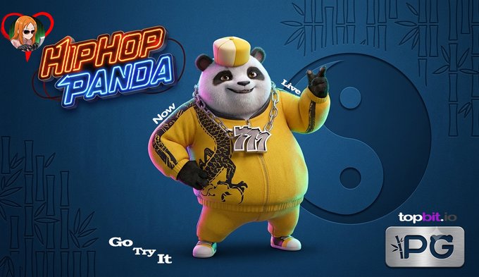 Promotional graphic for 'HipHop Panda' slot game by PG Soft (topbit.io), featuring a cartoon panda in a yellow tracksuit, gold chain, and backwards cap, with 'Go Try It' text.