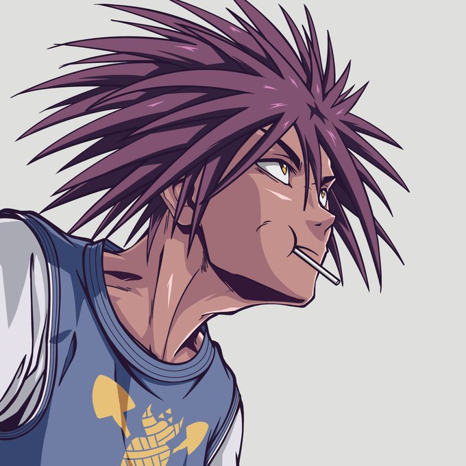 A side profile illustration of an anime character with spiky purple hair, wearing a blue shirt and smoking a cigarette.