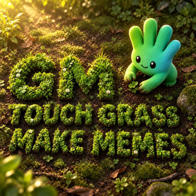 A smiling cartoonish teal hand character kneels on a mossy forest floor beside the phrase "GM TOUCH GRASS MAKE MEMES," rendered in lush, flower-flecked moss letters that visually echo the post's crypto-meme call to "touch grass" and "make memes" on Four.meme.