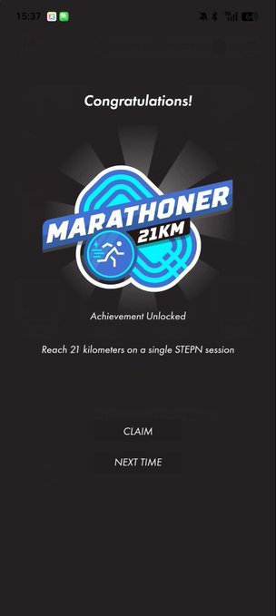 The image shows an app screen with a black background, displaying a congratulatory message for completing a marathon achievement. The text "Congratulations!" is displayed at the top of the screen, followed by the words "Achievement unlocked" below it. Below that, there are two small blue circles representing the number 21 and the distance of 21 km. The app also provides instructions on how to claim the achievement and set a new timer for the marathon event.