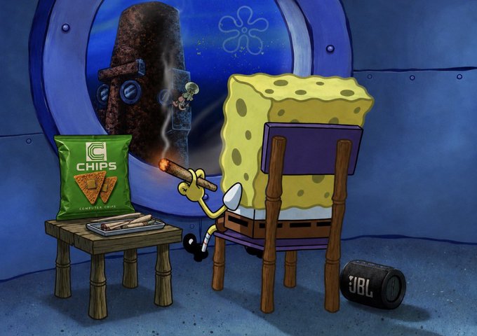 A SpongeBob SquarePants cartoon scene showing the character sitting in a chair eating, with a bag of 'CHIPS' on a table beside him and a JBL speaker on the floor.