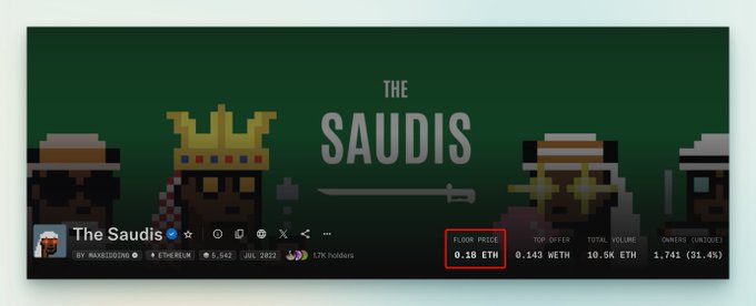 A pixel-art banner for an NFT collection called 'The Saudis' shows a floor price of 0.18 ETH, highlighting the word 'Saudis'.