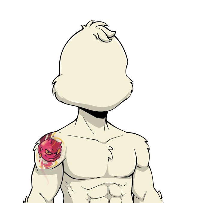 A faceless anime-style character with cream-colored fur/hair and a muscular bare torso, displaying a red demon tattoo on the right shoulder.