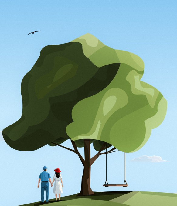An illustration showing a couple holding hands under a large tree with a swing, a bird flying in the blue sky.