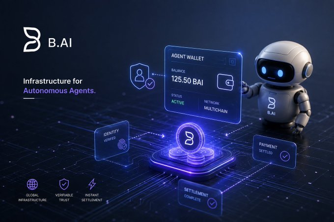 A promotional graphic for 'B.AI' featuring the tagline 'Infrastructure for Autonomous Agents', showing a robot character next to an 'AGENT WALLET' displaying a balance of '125.50 BAI' with various crypto-related interface elements.