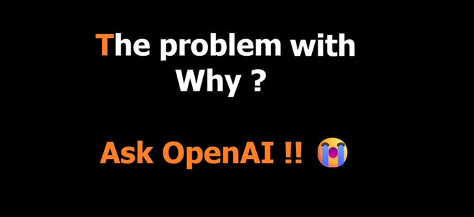 A black background displays white and orange text reading "The problem with Why?" and "Ask OpenAI !!" accompanied by a shocked face emoji.