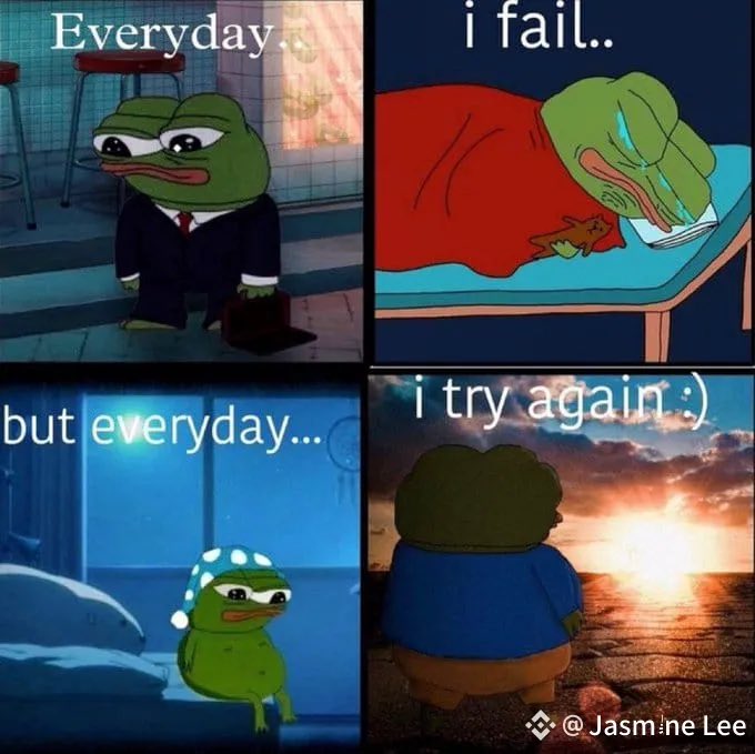 A four-panel Pepe the Frog meme illustrating daily resilience: dressed in a suit ("Everyday"), crying in bed ("i fail.."), wearing pajamas ("but everyday..."), and facing a sunset ("i try again :)"). The motivational arc complements the upbeat "Gm" (good morning) post, reinforcing a theme of perseverance through daily struggles.