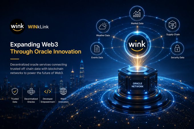 A promotional graphic for 'WINkLink' titled 'Expanding Web3 Through Oracle Innovation,' showing a central wink logo connected to icons for Weather Data, Market Data, Supply Chain, Security Data, and Events Data, highlighting Trusted Data and Decentralized Oracles.