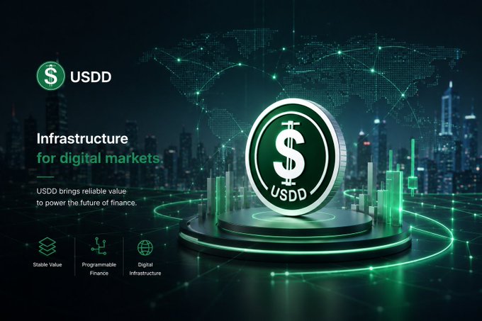 Digital marketing banner for USDD cryptocurrency, promoting its 'Infrastructure for digital markets' with green neon graphics, a cityscape, and a large USDD coin display highlighting stable value, programmable finance, and digital infrastructure.