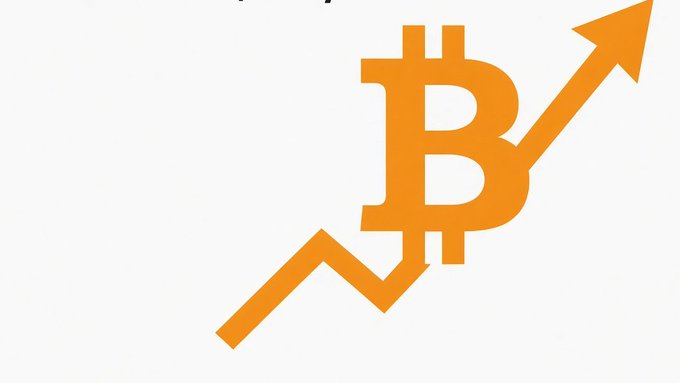 An orange Bitcoin logo with an upward-pointing arrow on a white background, symbolizing rising cryptocurrency prices.