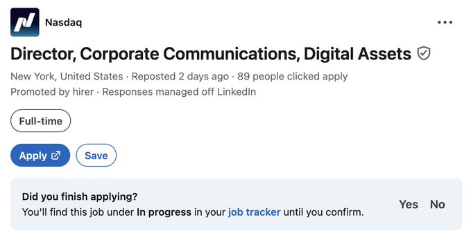A LinkedIn job posting screenshot for a 'Director, Corporate Communications, Digital Assets' position at Nasdaq in New York, marked as Full-time and promoted, with 89 applicants.