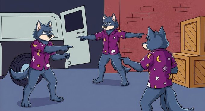 A cartoon illustration of three anthropomorphic wolves in purple shirts with moon and star patterns, all pointing at each other in confusion.