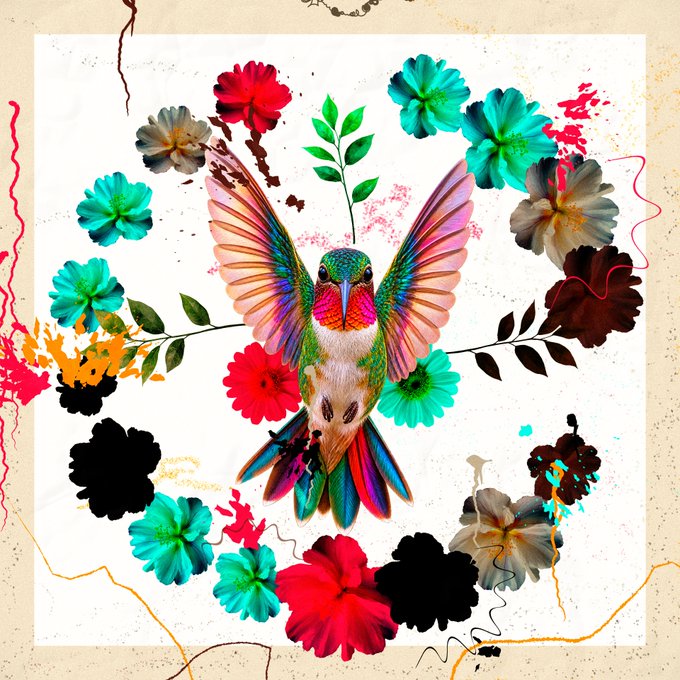 A vibrant digital collage featuring a hummingbird with multicolored feathers surrounded by bright flowers, paint splatters, and ink blots on a white background.