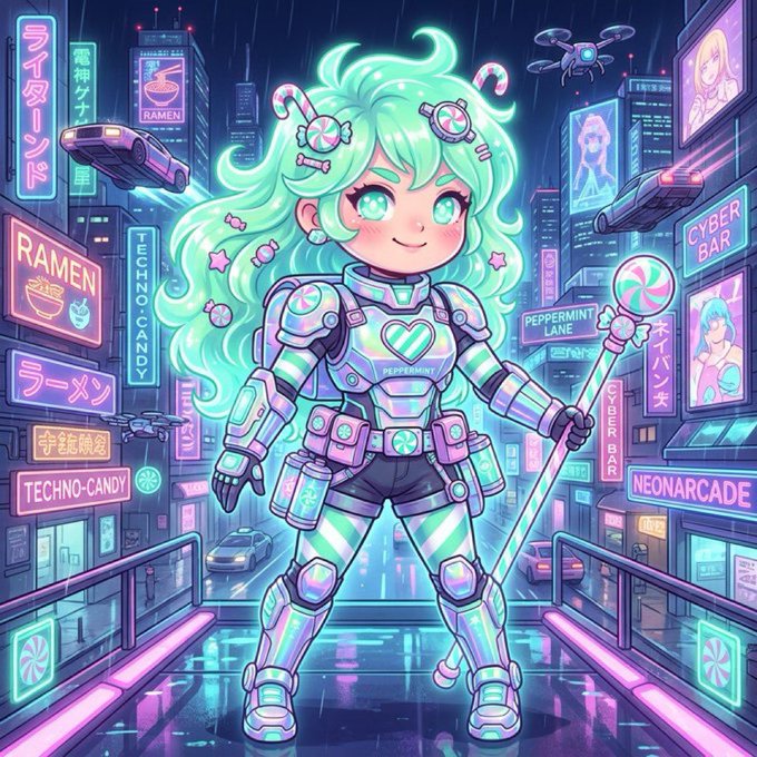 In this digital illustration, a girl with long hair stands in front of a cityscape at night, wearing a futuristic outfit that includes a helmet and armor. She holds a stick in her hand. The background features neon signs for various businesses such as "Rampersaud's", "Peppermint", and "Neonarcade". The image also contains text elements like "MintCandy" and "Solana".