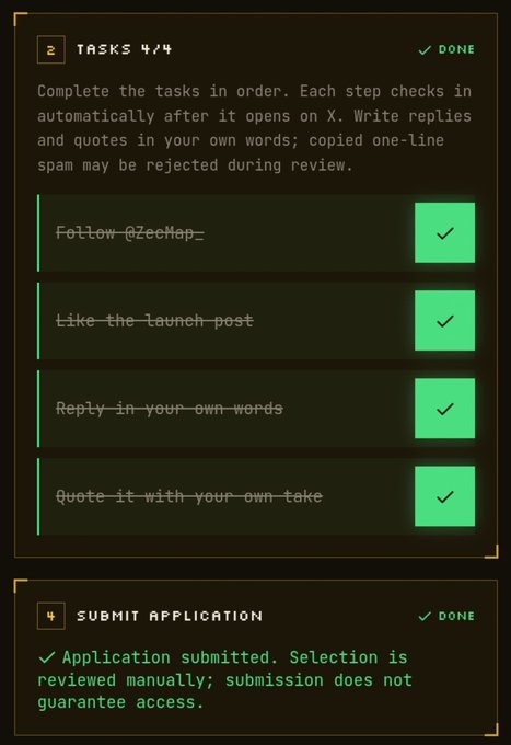 A screenshot of a dark-themed task completion interface showing 'TASKS 4/4' all marked as DONE, including tasks to follow @ZecMap, like a launch post, reply in own words, and quote with own take, with a 'SUBMIT APPLICATION' section below confirming submission.