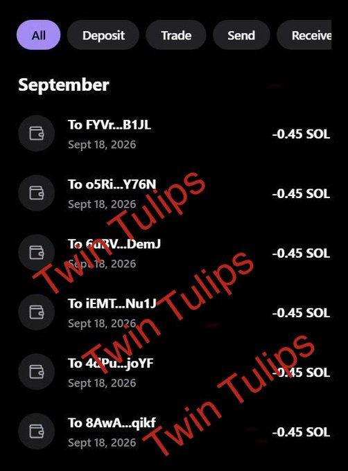 A cryptocurrency transaction history screenshot from September 2026 shows multiple outgoing transactions of -0.45 SOL each to various wallet addresses (FVvr...B1JL, o5Ri...Y76N, 6a3V...DemJ, iEMT...Nu1J, 4cPu...joYF, and 8AwA...qikF), all dated Sept 18, 2026, stamped with "Twin Tulips" watermarks. This aligns with the post's claim of distributing small amounts of $SOL to numerous recipients who drop their wallet addresses in the comments.