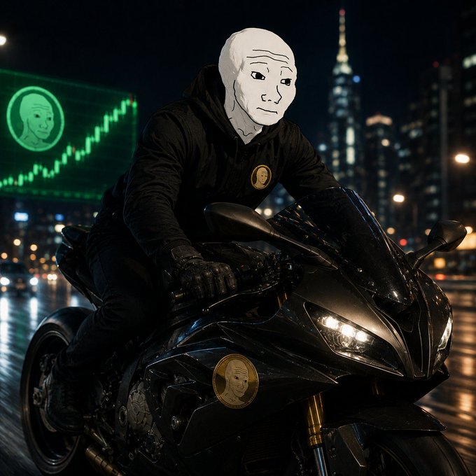 A masked figure in a black hoodie rides a sleek black motorcycle through a nighttime cityscape, with a green candlestick chart and a "Wojak" meme icon glowing on a screen in the background. The image visually embodies the post's message of riding through crypto market FUD toward "green candles," with the Wojak mask and ETH contract address (0x8De39B057CC6522230AB19C0205080) reinforcing the $WOJAK token theme.