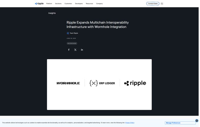 The image shows a Ripple Insights article titled "Ripple Expands Multichain Interoperability Infrastructure with Wormhole Integration," dated June 24, 2025, featuring logos for Wormhole, XRP Ledger, and Ripple—visually confirming the partnership described in the post that links XRP Ledger to Wormhole's cross-chain network for expanded multichain connectivity.