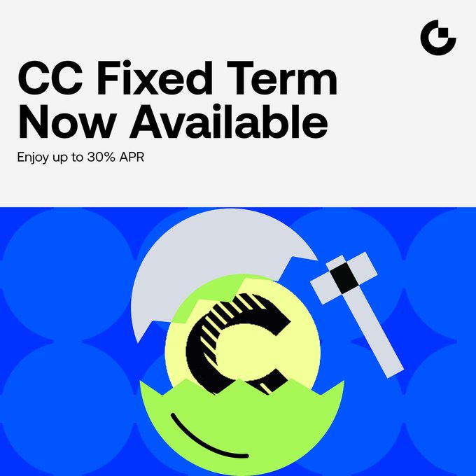 The image features a blue background with white text that reads "CC Fixed Term Now Available" followed by an offer for a 30% APR lock-up period, which starts from 10 days after joining. The lock-up period is open until 60 days after joining. There are two options available - either join now and enjoy the lock-up period or wait for up to 60 days before joining.