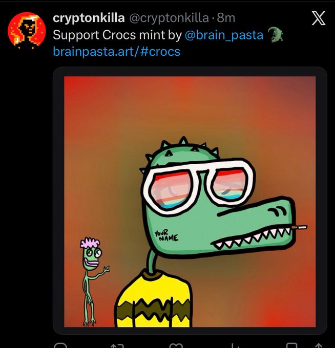 A tweet from 'cryptonkilla' (@cryptonkilla) promotes a 'Crocs mint' by @brain_pasta, featuring cartoon artwork of a green crocodile wearing sunglasses and a yellow shirt.