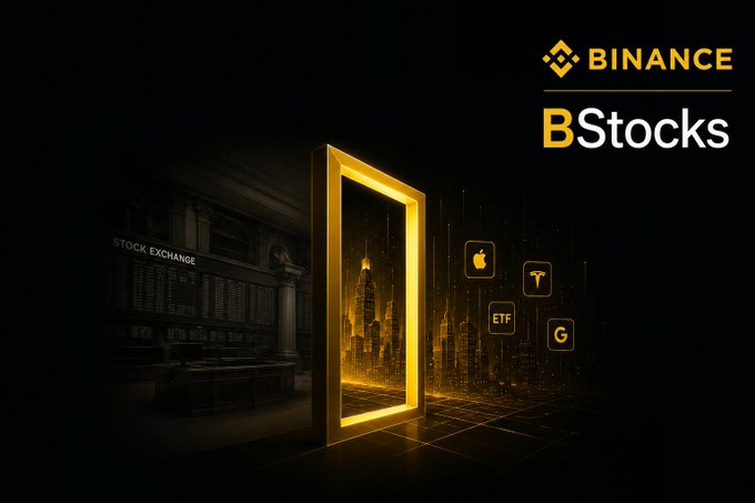 Promotional banner for Binance BStocks showing a doorway leading into a digital cityscape with logos for stocks, ETFs, and crypto, set against a dark stock exchange background.