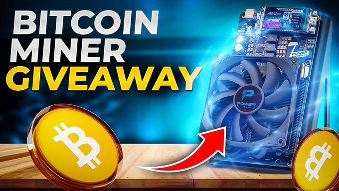 The image features a banner for Bitcoin Miner Giveaway, with two Bitcoins placed next to each other on a table. The text "Bitcoin Miner Giveaway" is displayed above the Bitcoins, indicating that this is an advertisement or promotion related to Bitcoin mining. The image also includes a logo and some text about entering the giveaway, suggesting that it's an opportunity for people to participate in Bitcoin mining activities.