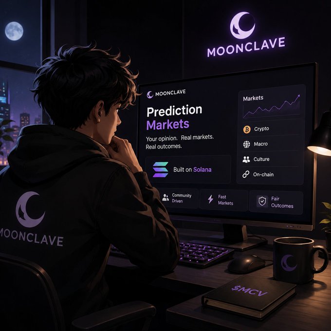 An anime-style illustration of a person in a hoodie sitting at a computer desk viewing the 'MOONCLAVE' prediction markets website, which is built on Solana and includes categories like Crypto, Macro, Culture, and On-chain.