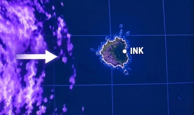 Digital map visualization showing a purple energy field on the left with an arrow pointing to an island labeled 'INK' surrounded by blue water.