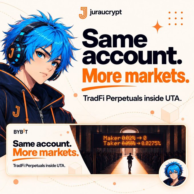 An anime-style advertisement for 'juraucrypt' features a blue-haired character wearing headphones. The promotional text reads 'Same account. More markets. TradFi Perpetuals inside UTA.' and 'BYB'T', showing maker/taker fees of 0.02%→0 and 0.055%→0.0275%.