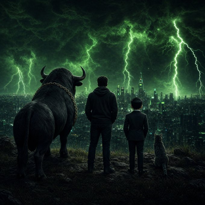Dark fantasy artwork showing a man, a boy, a black bull with horns, and a cat standing on a rocky cliff overlooking a stormy green-lit city skyline with lightning strikes.