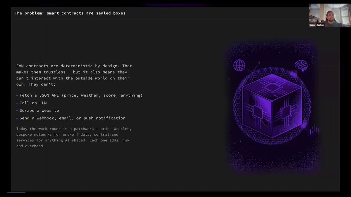 The image shows a presentation slide with a purple cube graphic at its center. The slide has text that provides information about the Agentic L1, which is used for smart contracts. The text explains that the Agentic L1 is needed because traditional smart contract solutions have limitations in terms of data access and computing power. It also mentions that the Agentic L1 enables smart contracts to access external data and perform complex computations through validator consensus.