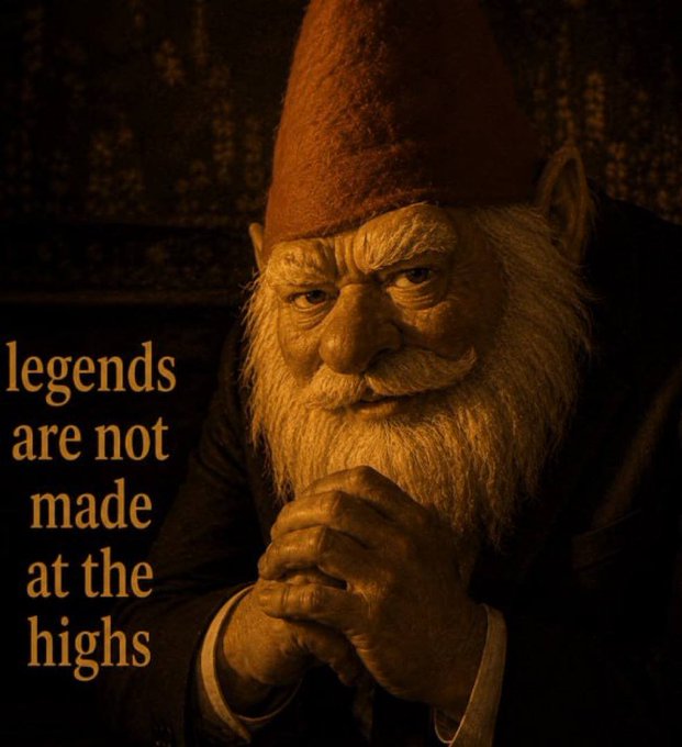 A wise, elderly gnome with a long white beard and pointed red hat sits in a contemplative pose with hands clasped together, accompanied by the text "legends are not made at the highs."