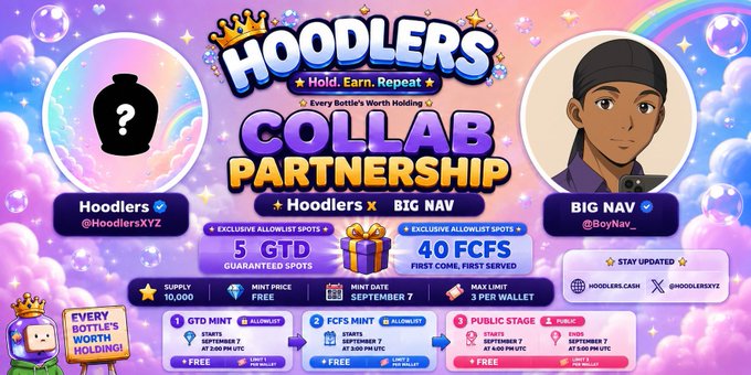 A promotional graphic for a 'HOODLERS' collaboration partnership between Hoodlers and Big Nav, offering 5 GTD spots and 40 FCS spots for September 7.