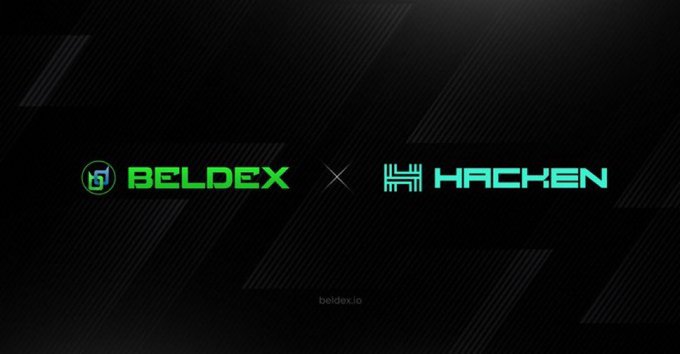 A promotional graphic displays the logos "BELDEX" and "HACKEN" with an 'X' between them on a dark background, with "beldex.io" visible at the bottom.
