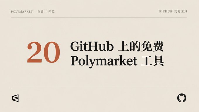 The image is a minimalist graphic featuring the bold text "20 GitHub 上的免费 Polymarket 工具" (20 free Polymarket tools on GitHub) on a cream background, with "POLYMARKET · 免费·开源" and "GITHUB 交易工具" headers. It serves as a title card for a post highlighting 20 free, open-source Polymarket trading tools available on GitHub, emphasizing that successful traders benefit more from preparation and auxiliary tools than from being inherently faster or more talented.