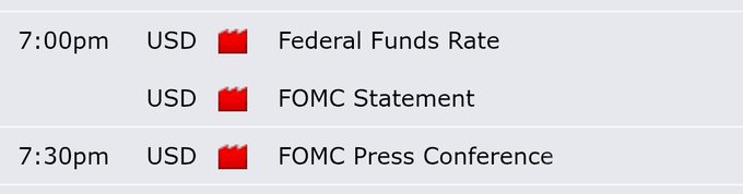 The image displays an economic calendar showing key USD events: the Federal Funds Rate and FOMC Statement at 7:00pm, followed by the FOMC Press Conference at 7:30pm. This relates to "HIPNS day" as these high-impact USD news events from the Federal Reserve are likely what the post is referencing, making it a critical time to trade cautiously.
