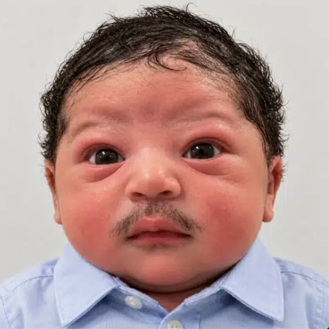 A close-up portrait of a baby with curly dark hair, large eyes, and a drawn-on-looking mustache, wearing a light blue collared shirt.