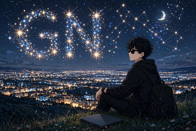 An anime-style illustration of a person with dark hair and sunglasses sitting on a hill overlooking a sprawling city at night, with 'GOOD NIGHT' spelled out in glowing stars above them.