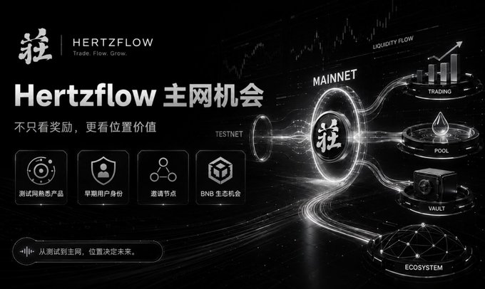 A promotional graphic for Hertzflow featuring the slogan "Trade. Flow. Grow." and highlighting mainnet opportunities with icons for testnet, ecosystem, vault, pool, and trading.