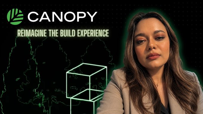 A woman is featured alongside the "CANOPY – REIMAGINE THE BUILD EXPERIENCE" logo and a glowing green wireframe cube, visually representing the @CNPYNetwork project that just raised $8.5M in financing amid impressive user and trading metrics.