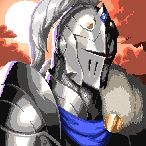 A pixel art illustration of a knight in silver armor with a plume helmet and fur-lined cloak, set against a dramatic red cloudy sky with a pale moon.