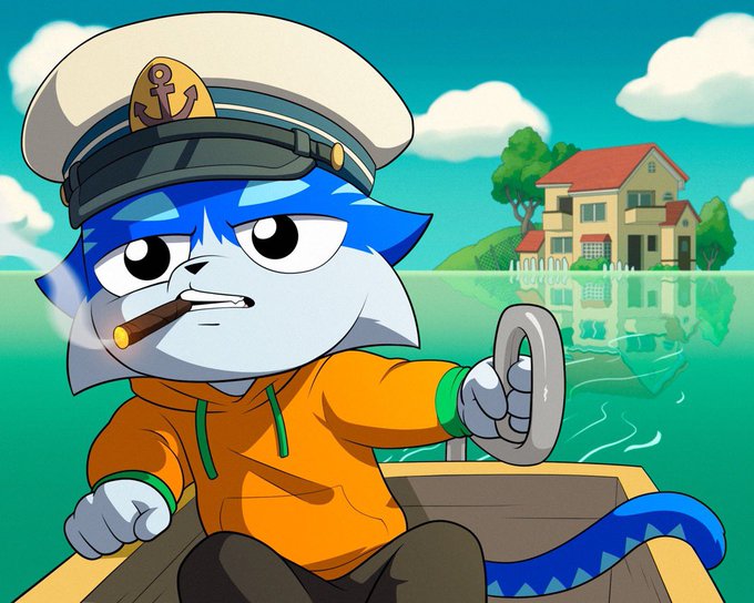 An animated illustration of a blue cat character wearing a captain's hat and orange hoodie, smoking a cigar while steering a boat with a paddle on a teal sea with a house on an island in the background.