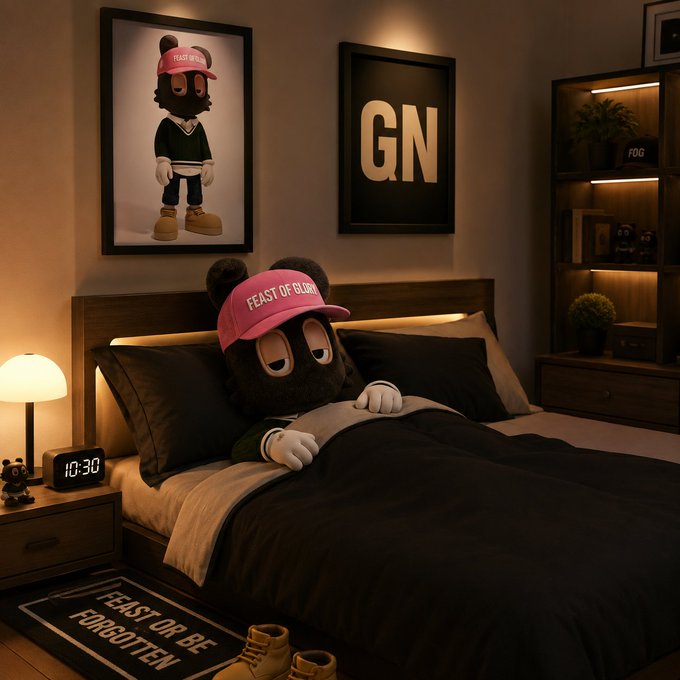 A 3D rendering of a character in a dark, cozy bedroom with 'GN' and 'FEAST OF GLORY' signs on the wall; the black, round-eared character wearing a pink 'FEAST OF GLORY' cap is tucked into bed next to a digital clock reading '10:30', with a 'FEAST OR BE FORGOTTEN' rug on the floor.